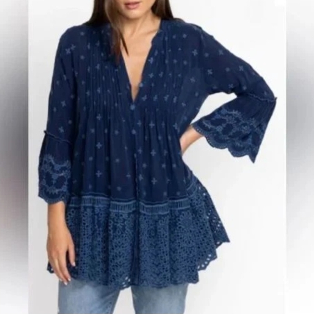 Johnny Was Manchengo Boho Navy Blue Pleated Embroidered Eyelet Tunic Size L